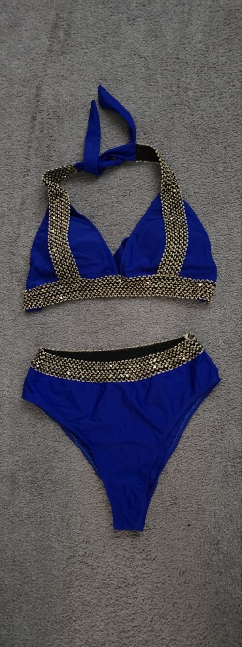 Blue Two-Piece Bikini with Gold Chain Trim